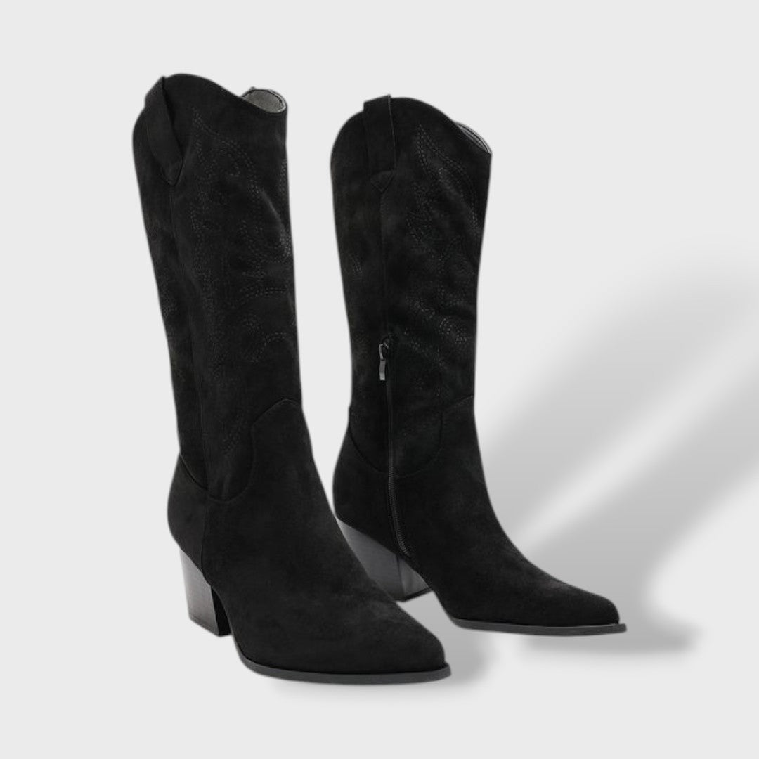 Inès | Bottes Western Femme Suède Talon Large Tige Haute