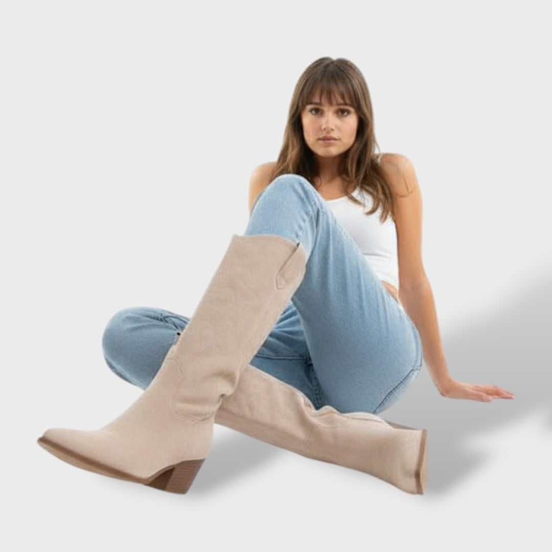 Inès | Bottes Western Femme Suède Talon Large Tige Haute