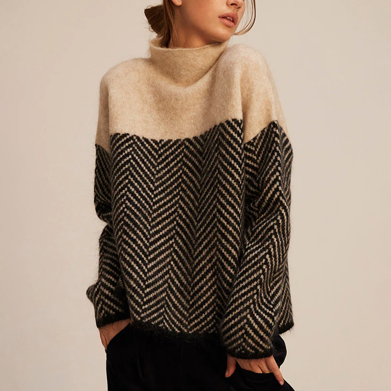 Jade | Pull Col Roulé Chevron Femme Oversize en Laine