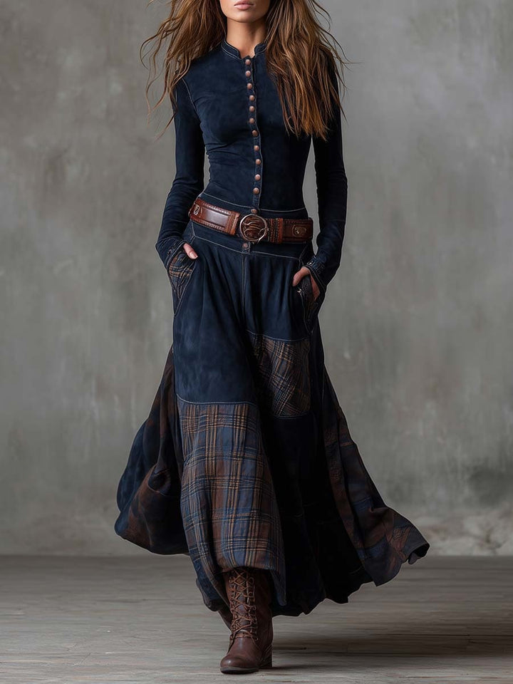 Jade | Robe Longue Automne Femme Patchwork à Boutons