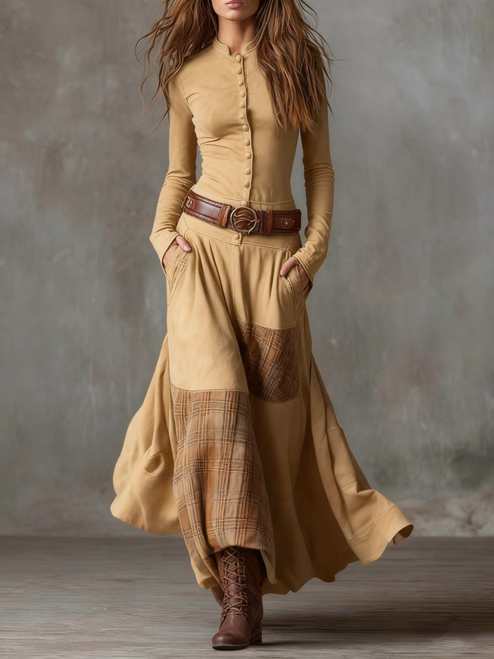 Jade | Robe Longue Automne Femme Patchwork à Boutons