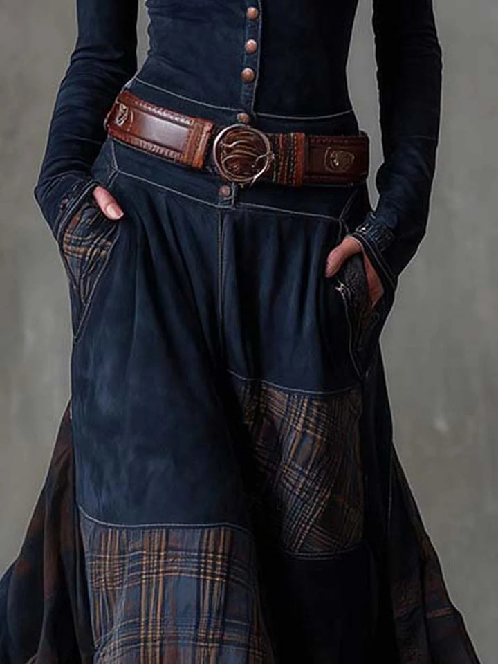 Jade | Robe Longue Automne Femme Patchwork à Boutons