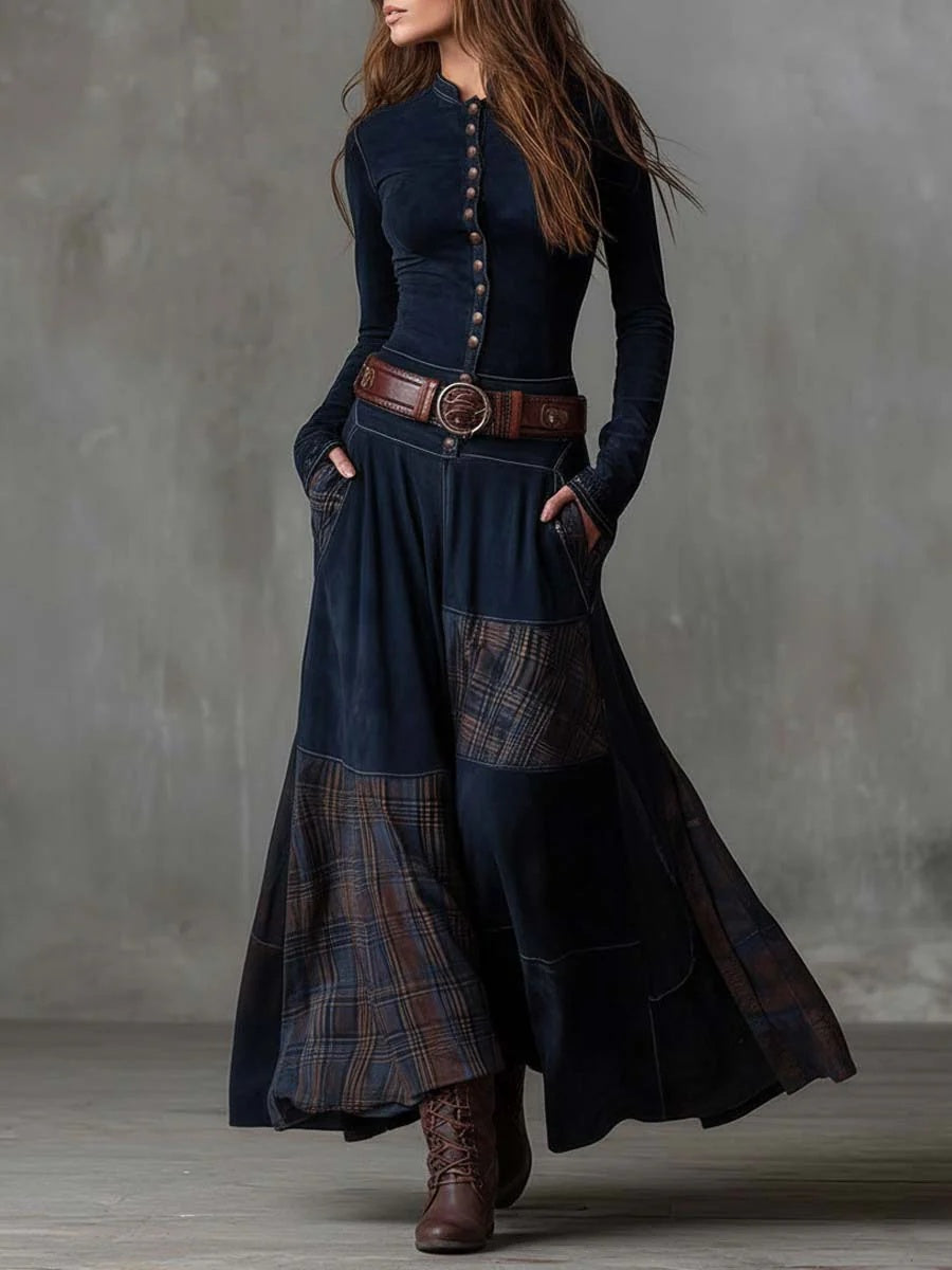 Jade | Robe Longue Automne Femme Patchwork à Boutons
