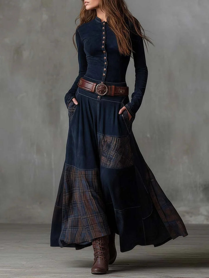 Jade | Robe Longue Automne Femme Patchwork à Boutons