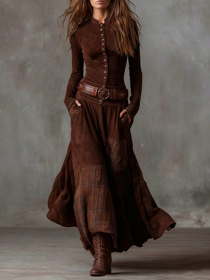 Jade | Robe Longue Automne Femme Patchwork à Boutons