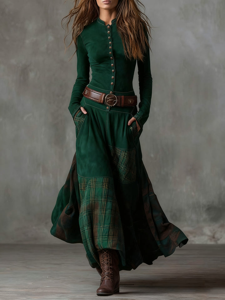 Jade | Robe Longue Automne Femme Patchwork à Boutons
