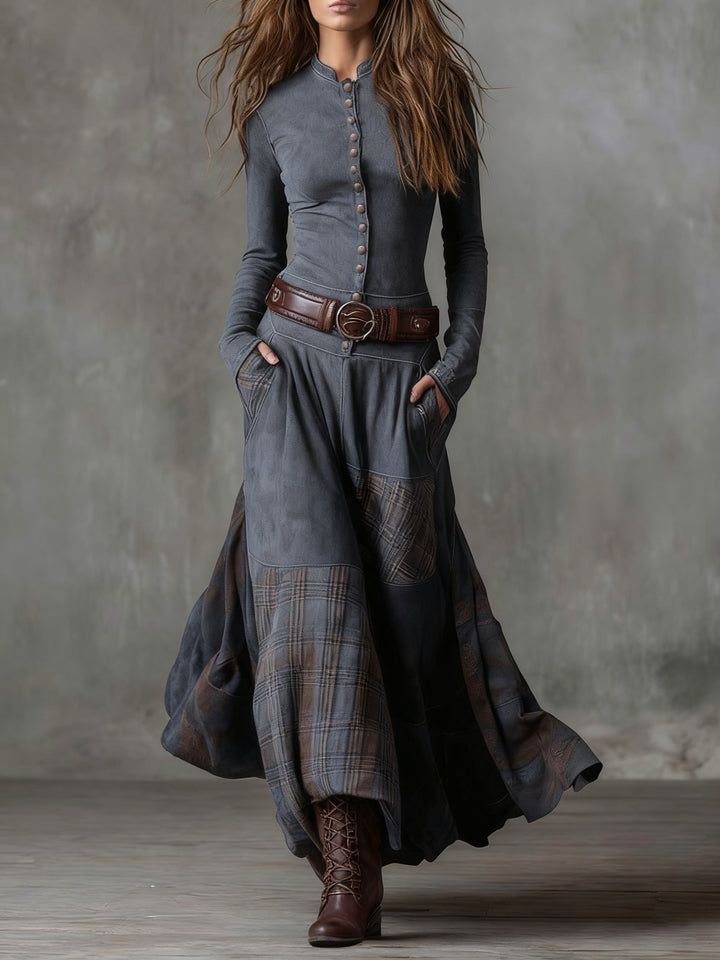 Jade | Robe Longue Automne Femme Patchwork à Boutons