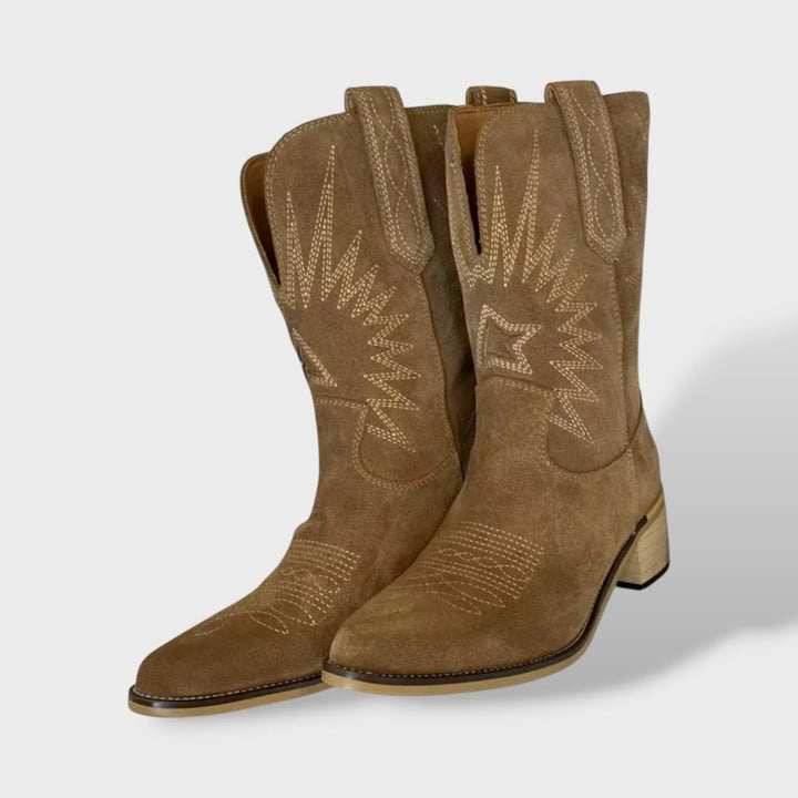 Joséphine | Bottines Femme Cuir Daim Brodées Talon Bloc