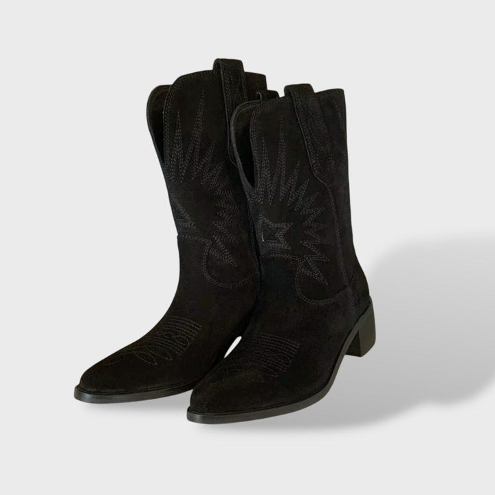 Joséphine | Bottines Femme Cuir Daim Brodées Talon Bloc