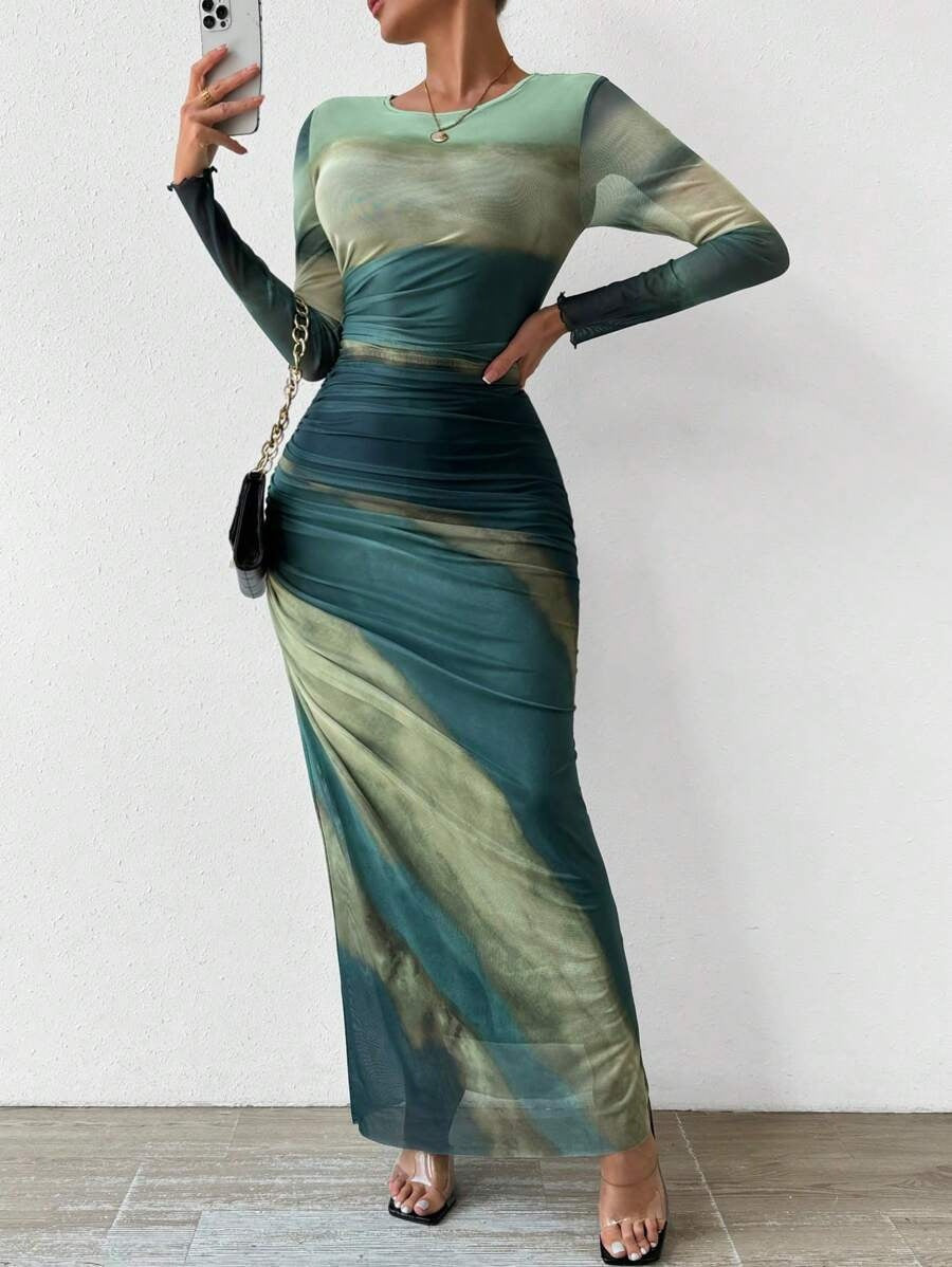 Joséphine | Robe Fourreau Longue de Soirée Femme Manches Longues Imprimée