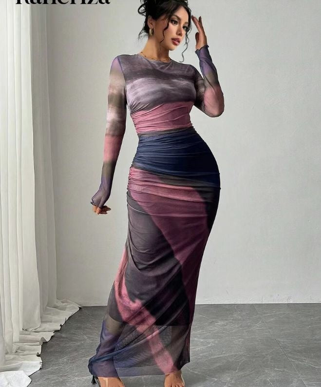 Joséphine | Robe Fourreau Longue de Soirée Femme Manches Longues Imprimée