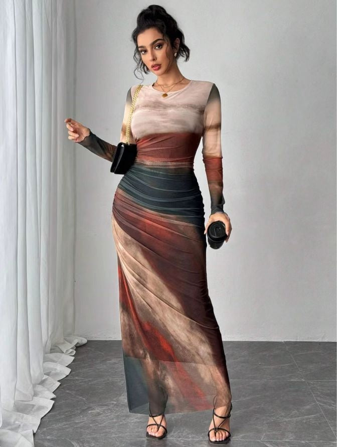 Joséphine | Robe Fourreau Longue de Soirée Femme Manches Longues Imprimée