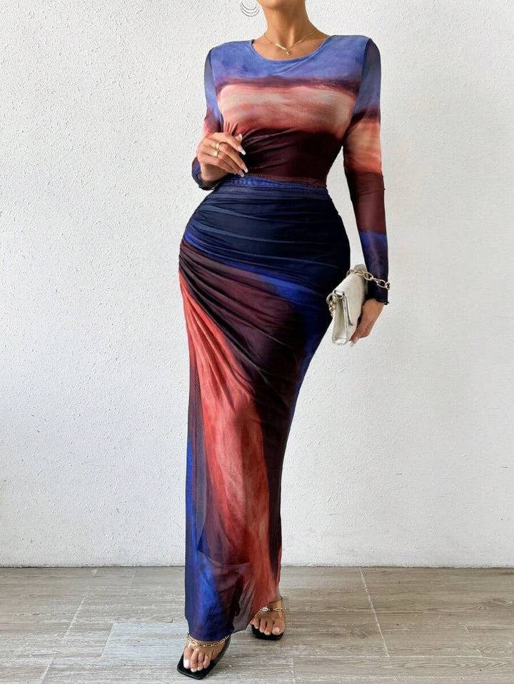 Joséphine | Robe Fourreau Longue de Soirée Femme Manches Longues Imprimée