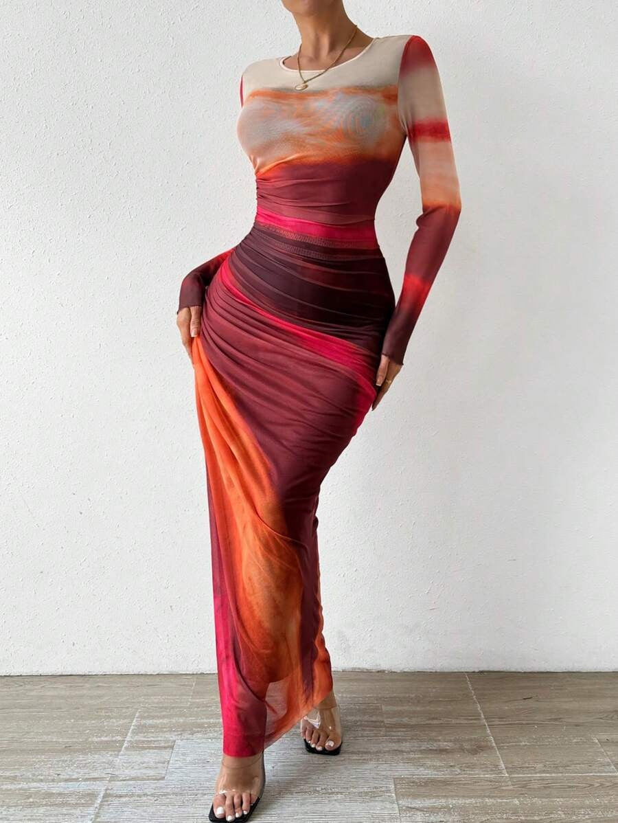 Joséphine | Robe Fourreau Longue de Soirée Femme Manches Longues Imprimée