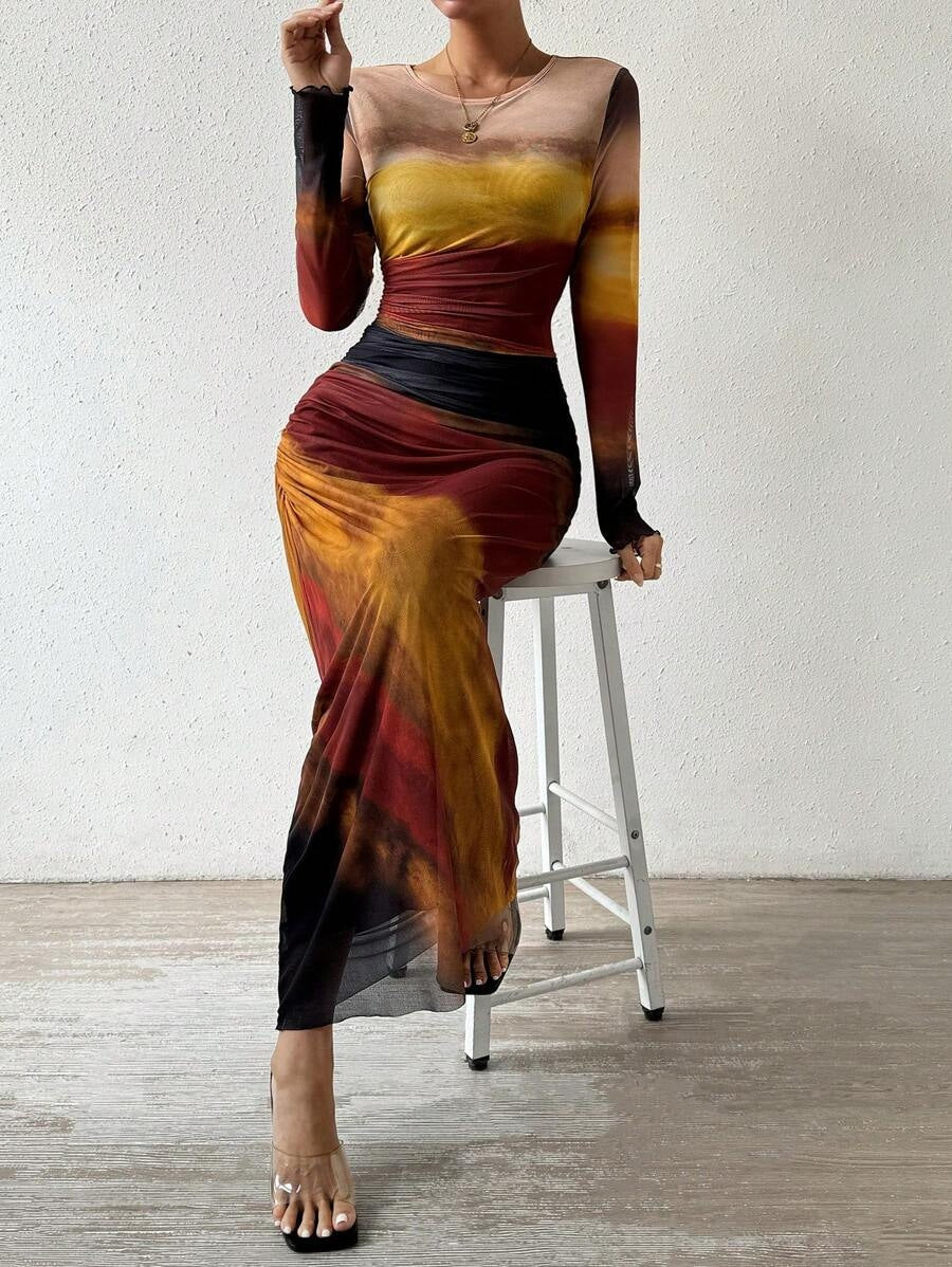 Joséphine | Robe Fourreau Longue de Soirée Femme Manches Longues Imprimée