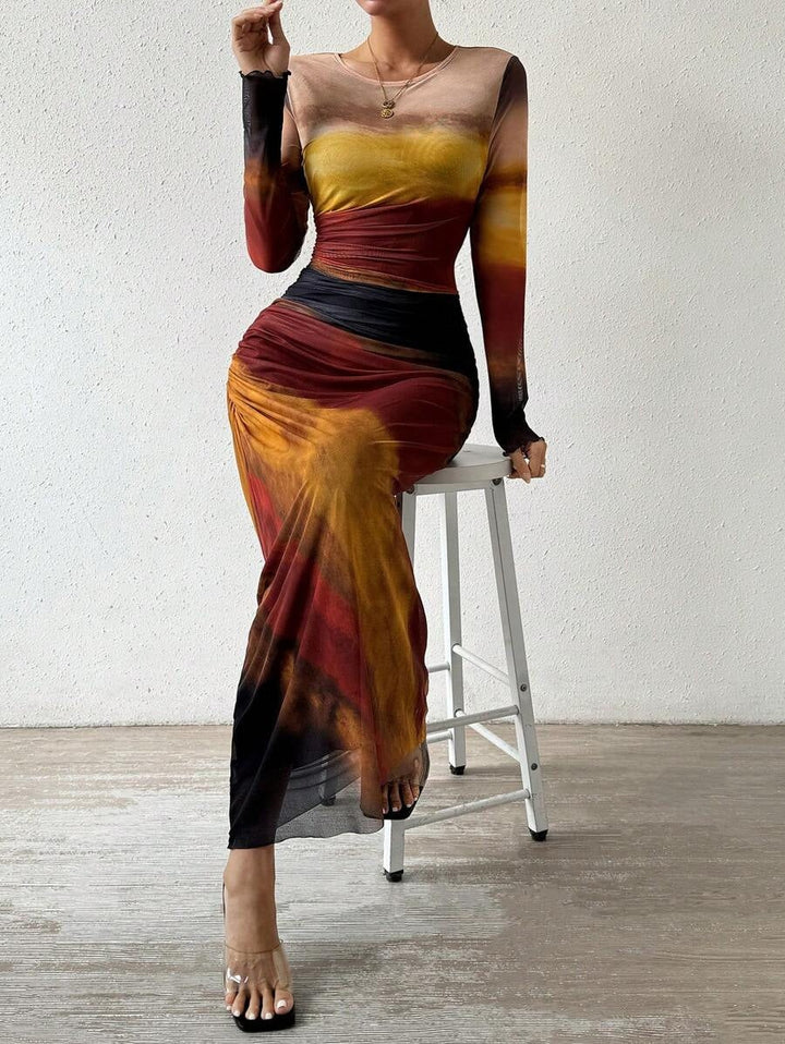 Joséphine | Robe Fourreau Longue de Soirée Femme Manches Longues Imprimée