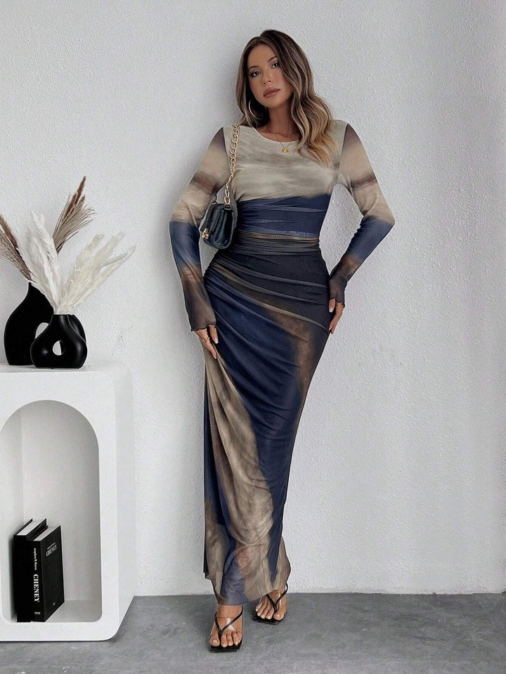 Joséphine | Robe Fourreau Longue de Soirée Femme Manches Longues Imprimée