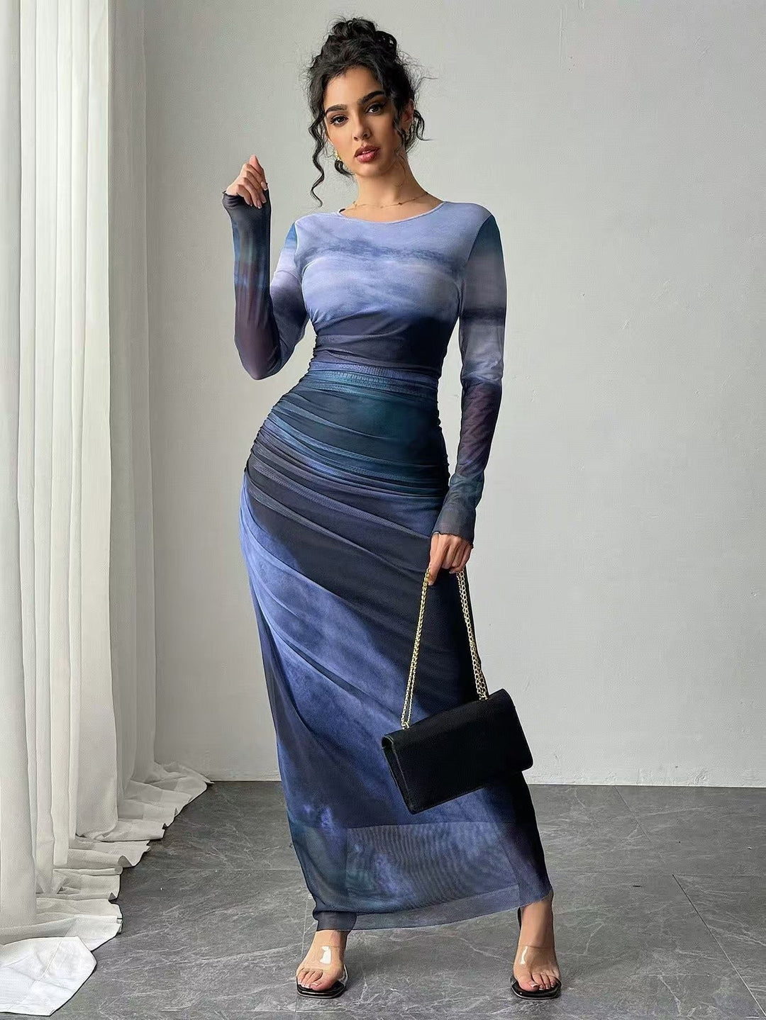 Joséphine | Robe Fourreau Longue de Soirée Femme Manches Longues Imprimée
