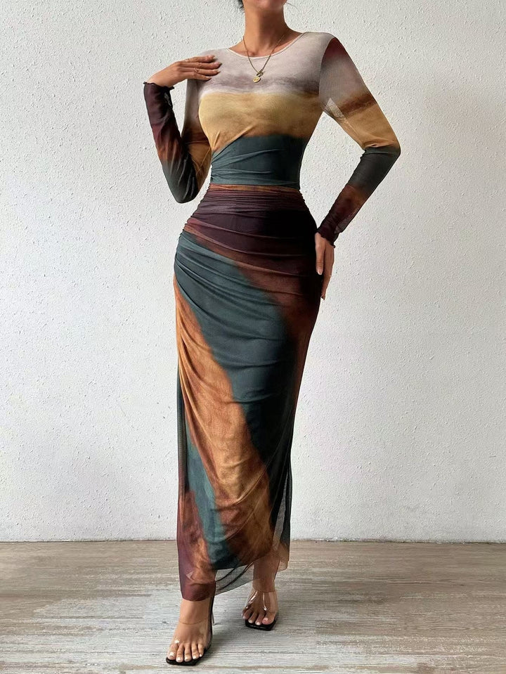 Joséphine | Robe Fourreau Longue de Soirée Femme Manches Longues Imprimée