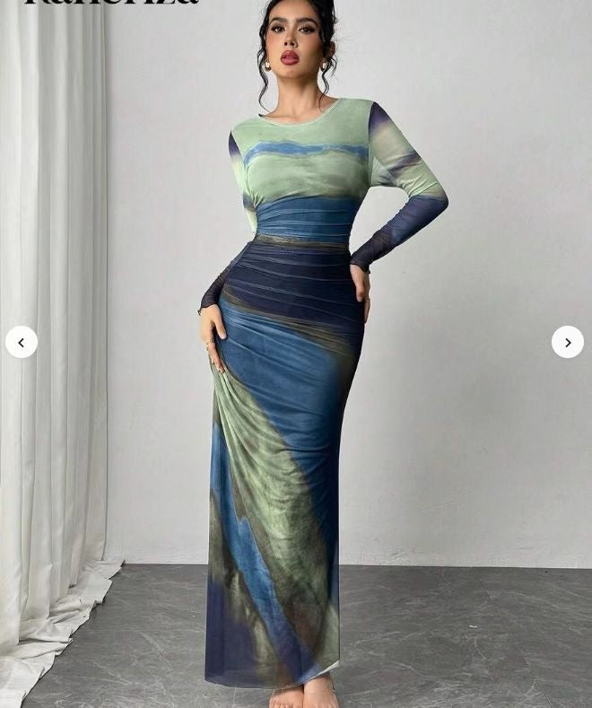 Joséphine | Robe Fourreau Longue de Soirée Femme Manches Longues Imprimée
