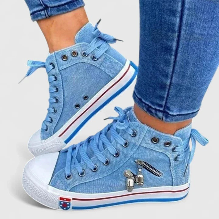 Léa | Baskets Montantes en Jean Femme Lacets Zip Latéral