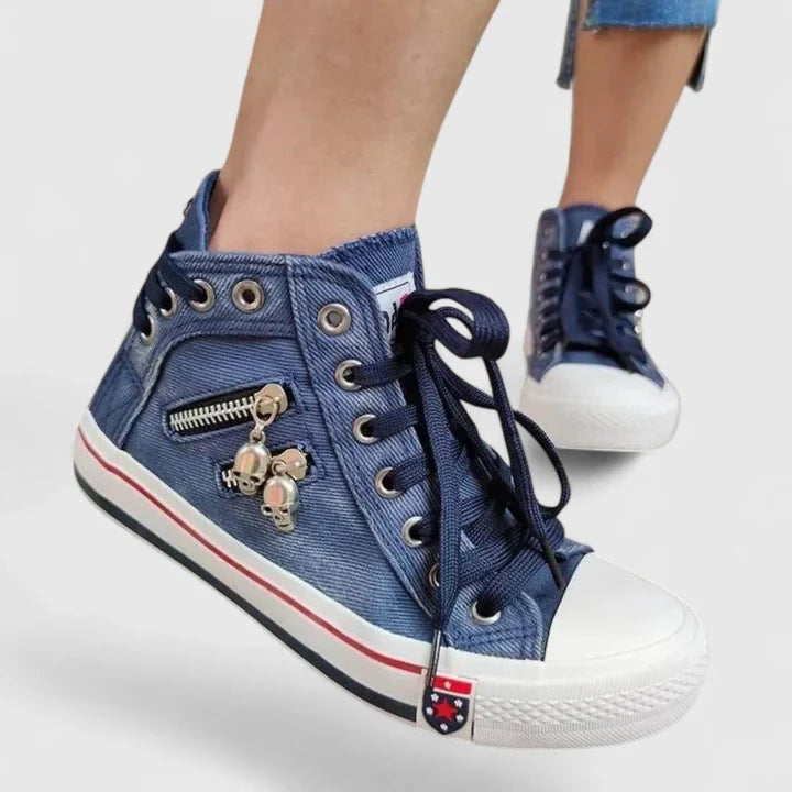 Léa | Baskets Montantes en Jean Femme Lacets Zip Latéral