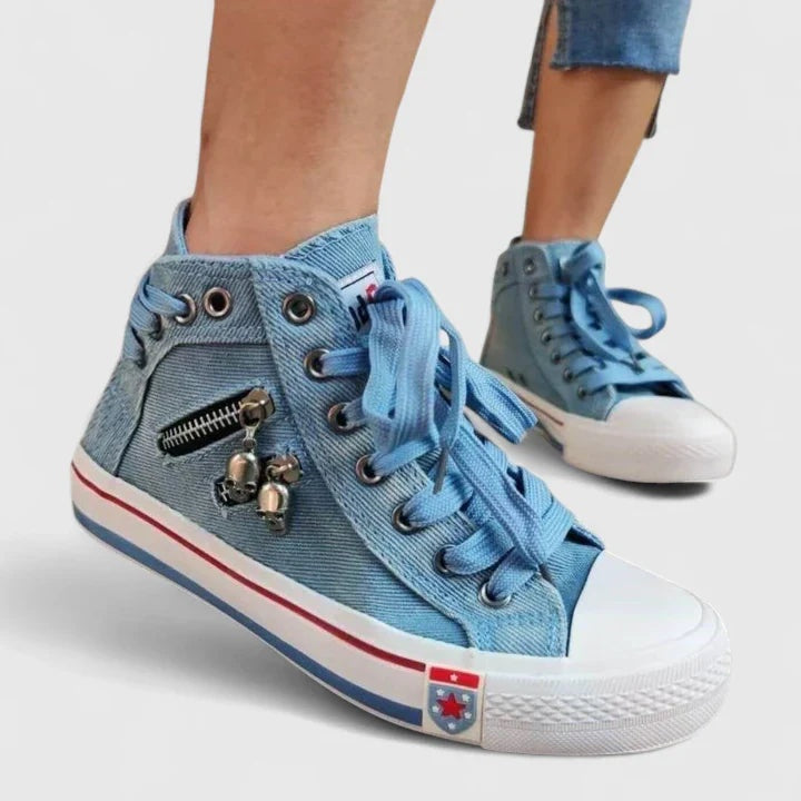 Léa | Baskets Montantes en Jean Femme Lacets Zip Latéral
