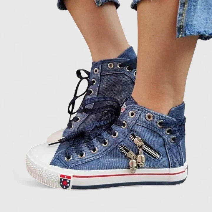 Léa | Baskets Montantes en Jean Femme Lacets Zip Latéral