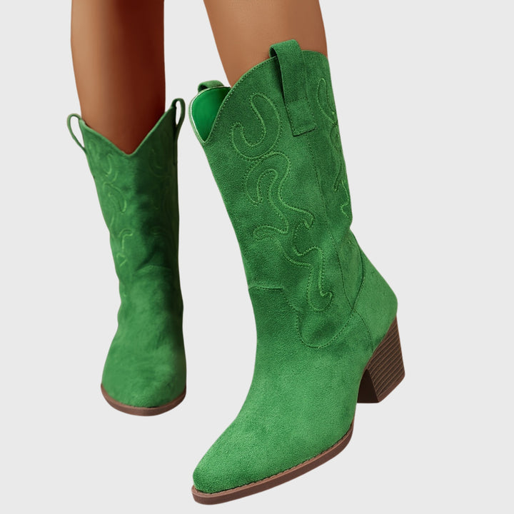 Léa | Bottes Western Femme Mi-Mollet Broderie Daim