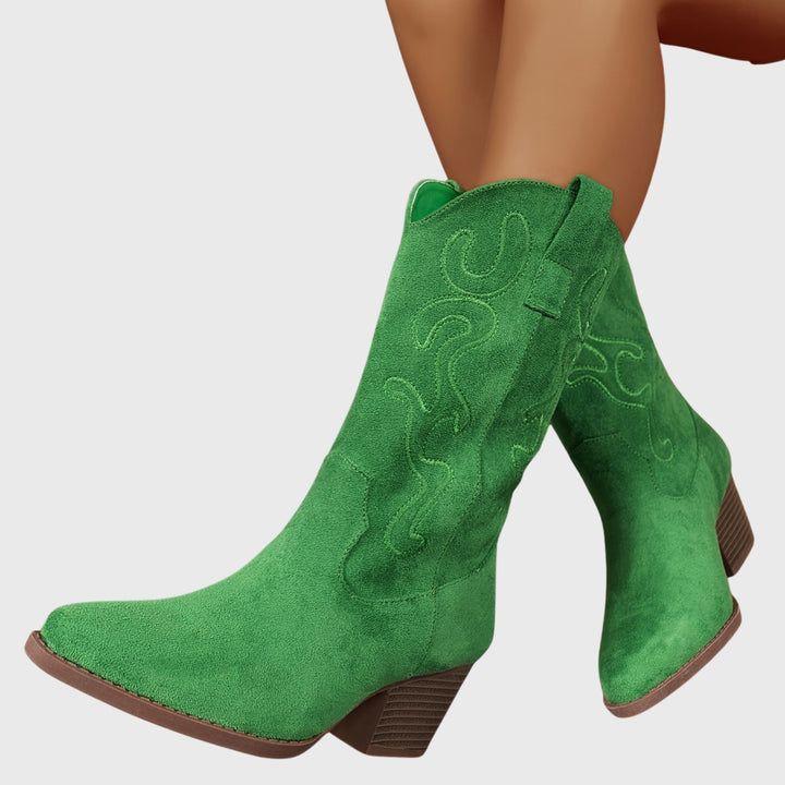Léa | Bottes Western Femme Mi-Mollet Broderie Daim