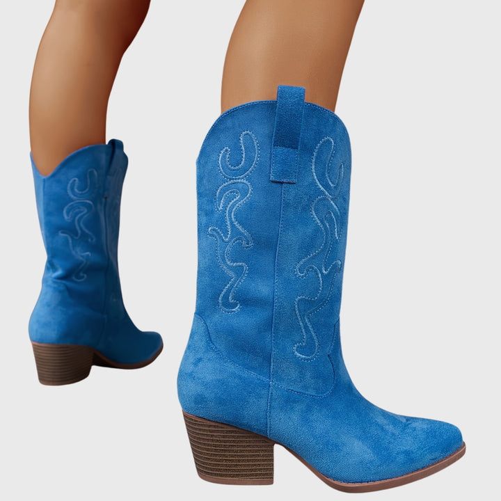 Léa | Bottes Western Femme Mi-Mollet Broderie Daim