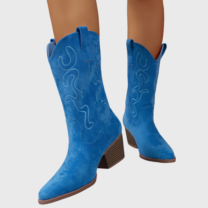 Léa | Bottes Western Femme Mi-Mollet Broderie Daim