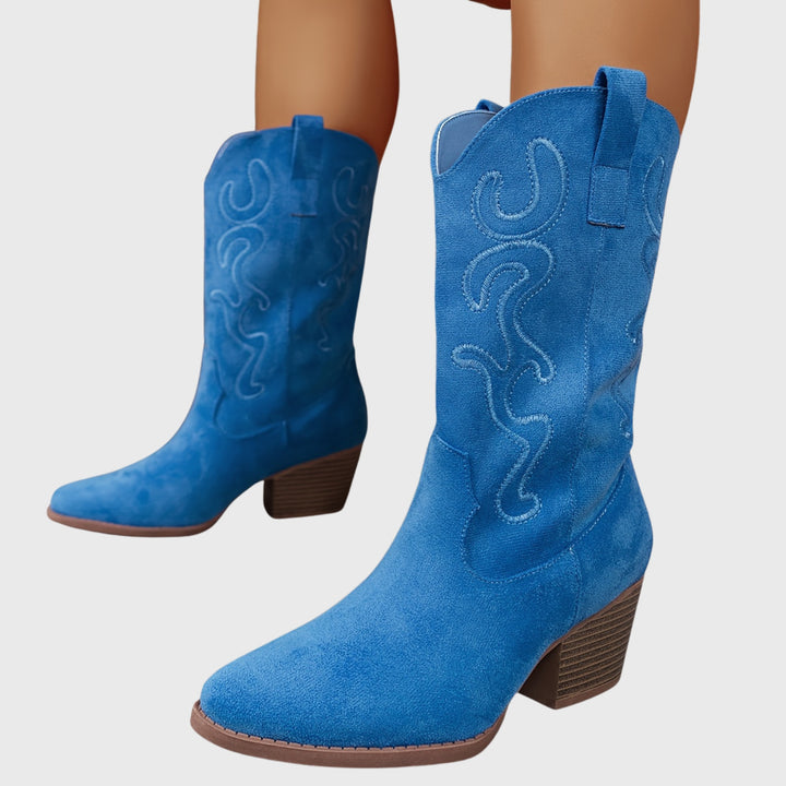 Léa | Bottes Western Femme Mi-Mollet Broderie Daim