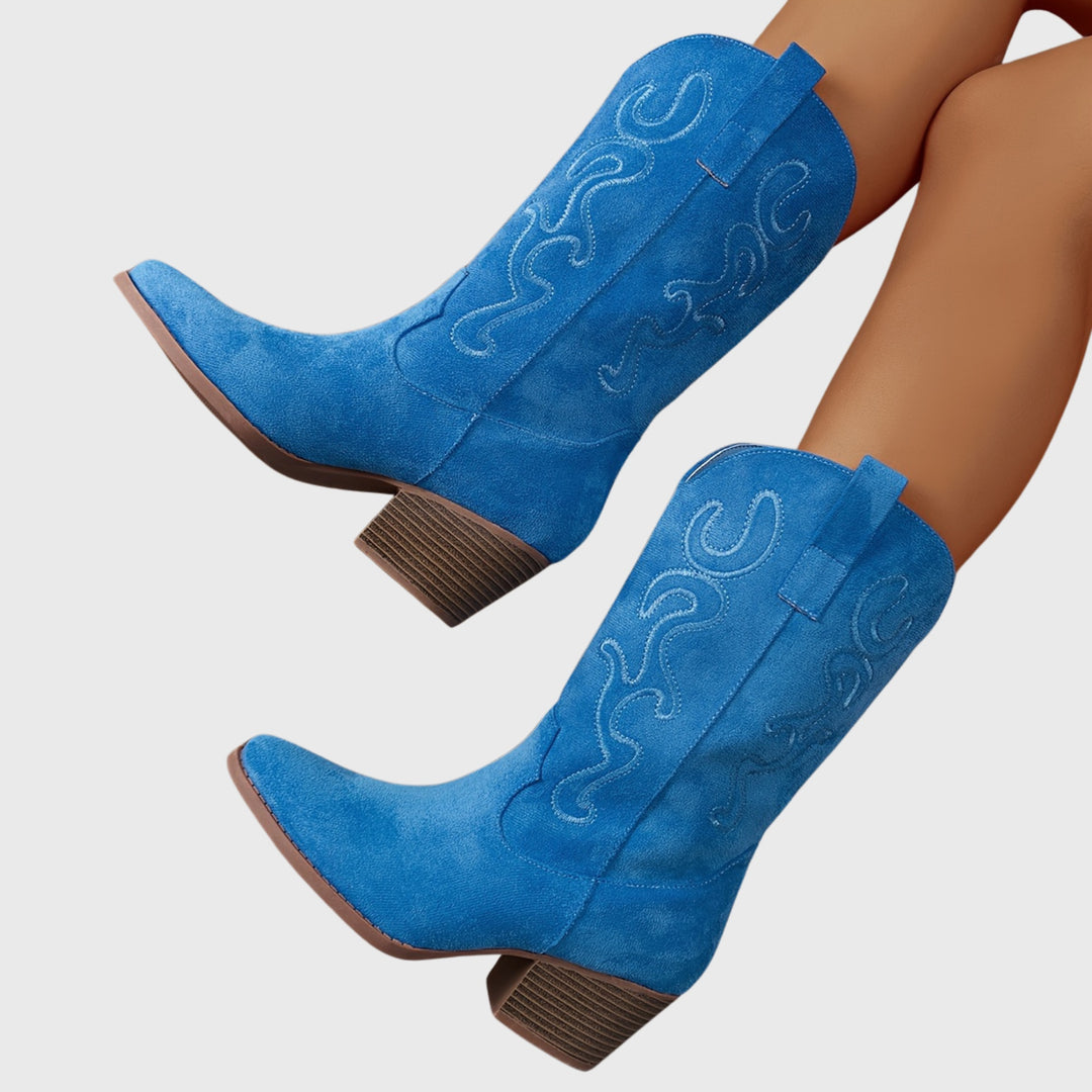 Léa | Bottes Western Femme Mi-Mollet Broderie Daim