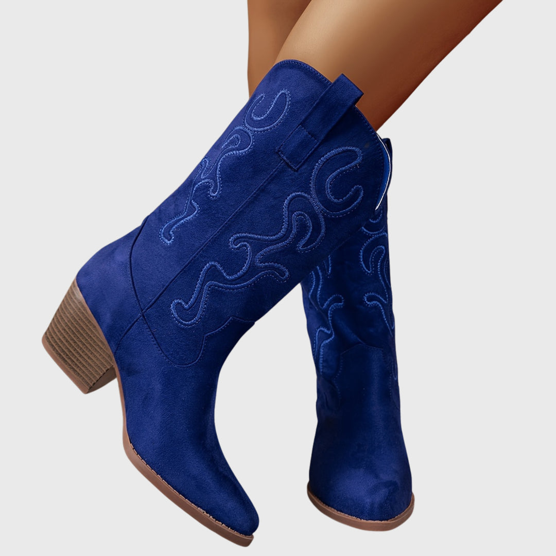 Léa | Bottes Western Femme Mi-Mollet Broderie Daim