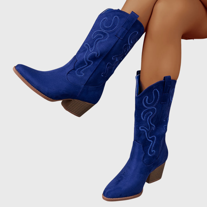 Léa | Bottes Western Femme Mi-Mollet Broderie Daim