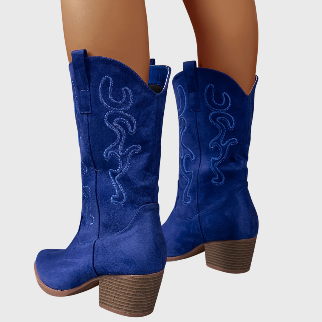 Léa | Bottes Western Femme Mi-Mollet Broderie Daim