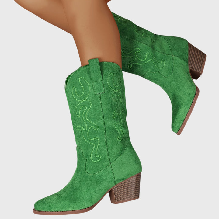 Léa | Bottes Western Femme Mi-Mollet Broderie Daim