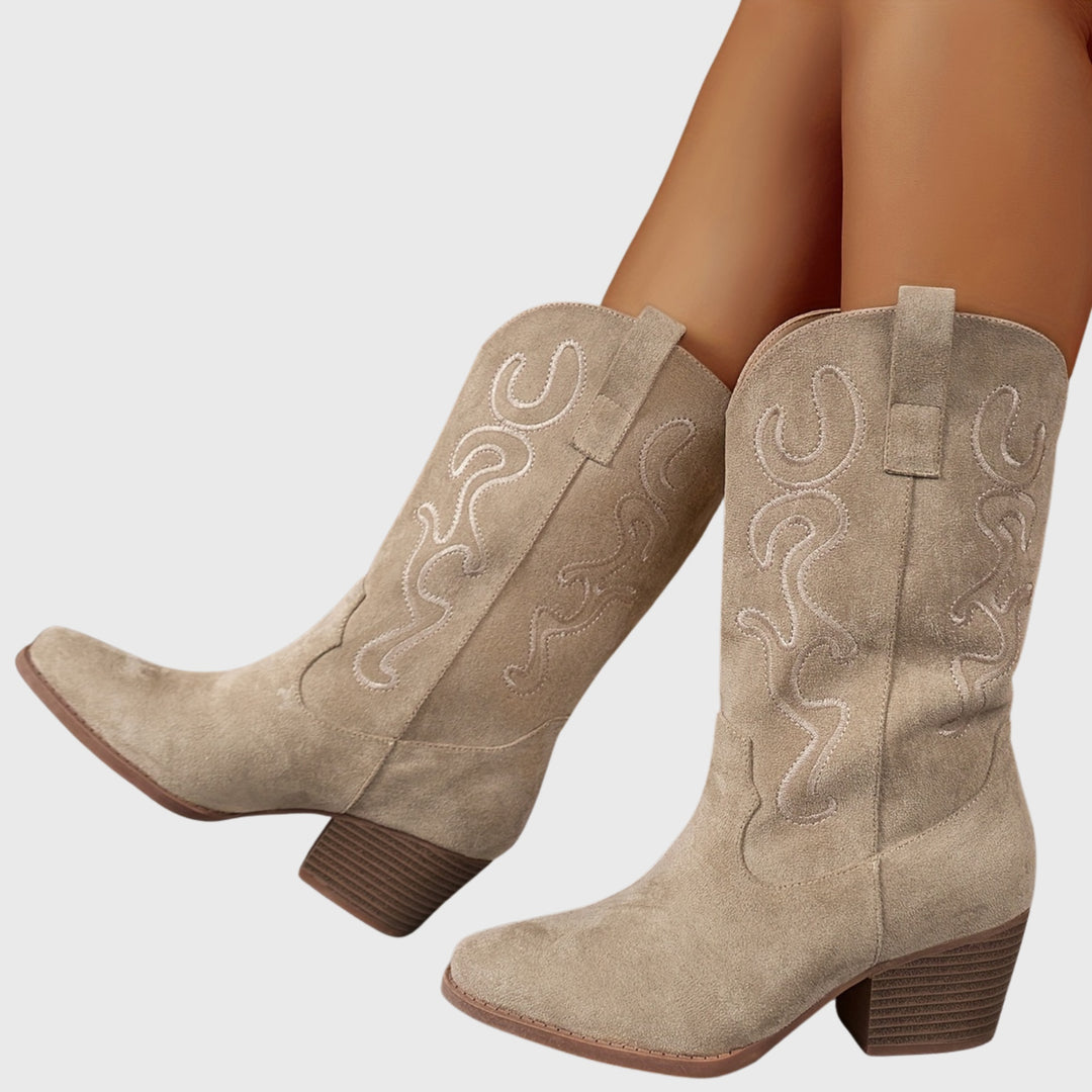 Léa | Bottes Western Femme Mi-Mollet Broderie Daim