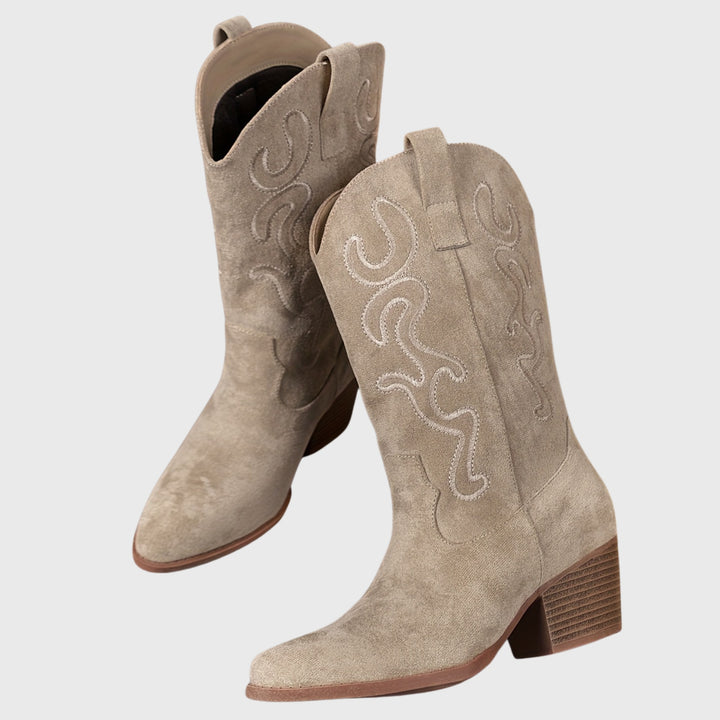 Léa | Bottes Western Femme Mi-Mollet Broderie Daim
