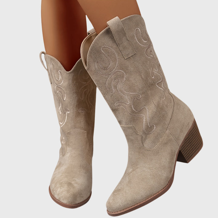 Léa | Bottes Western Femme Mi-Mollet Broderie Daim