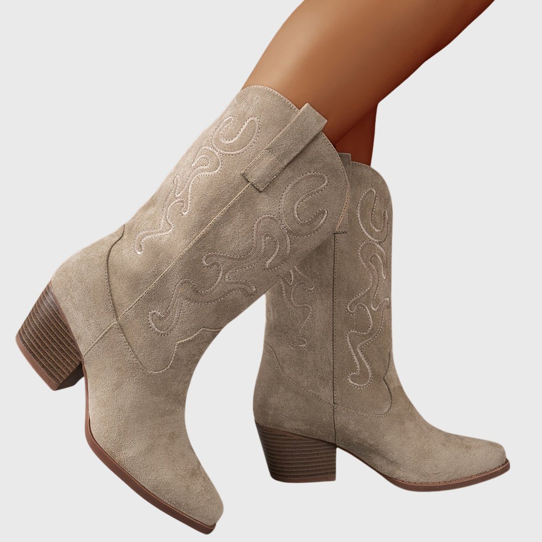 Léa | Bottes Western Femme Mi-Mollet Broderie Daim