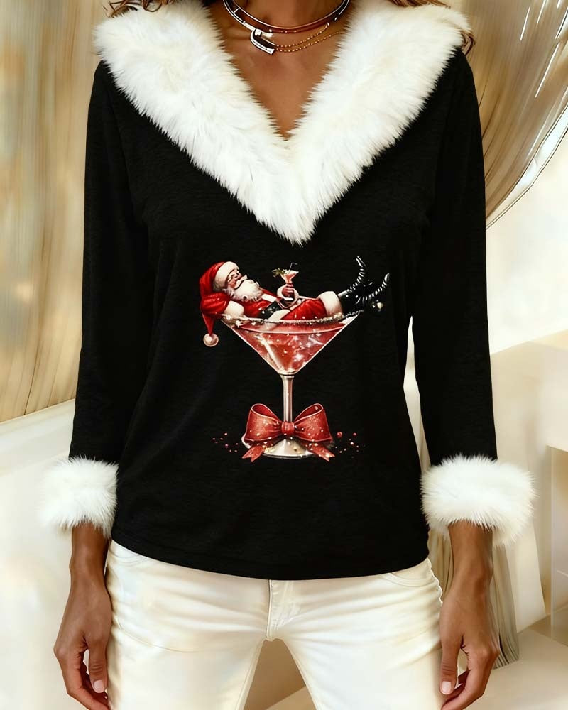 Léa | Haut de Noël Femme Col V Bordure Fausse Fourrure Manches Longues