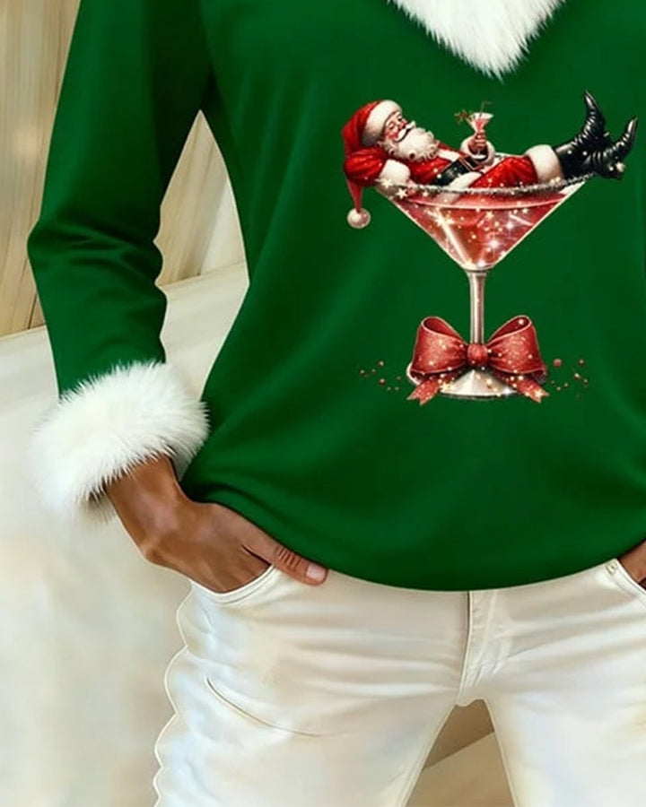 Léa | Haut de Noël Femme Col V Bordure Fausse Fourrure Manches Longues