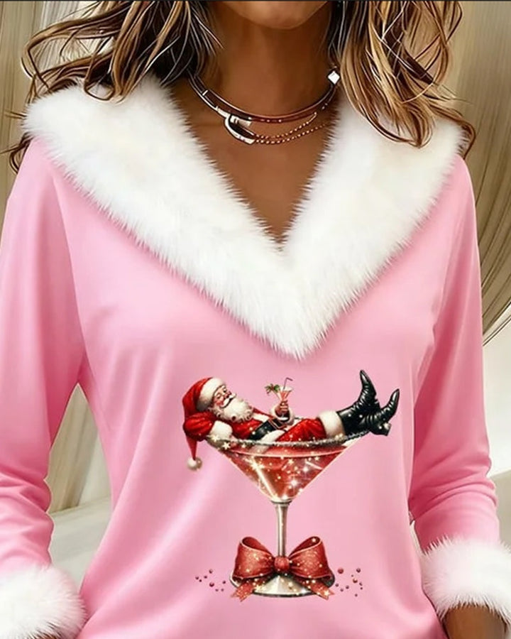 Léa | Haut de Noël Femme Col V Bordure Fausse Fourrure Manches Longues