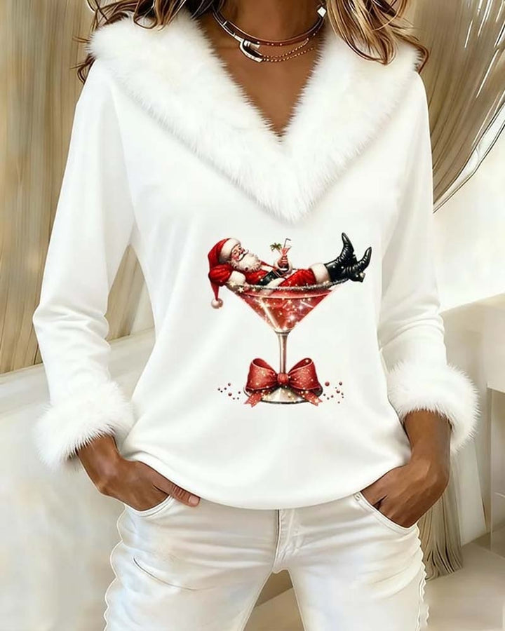 Léa | Haut de Noël Femme Col V Bordure Fausse Fourrure Manches Longues
