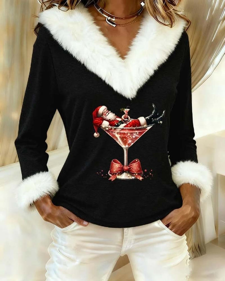 Léa | Haut de Noël Femme Col V Bordure Fausse Fourrure Manches Longues