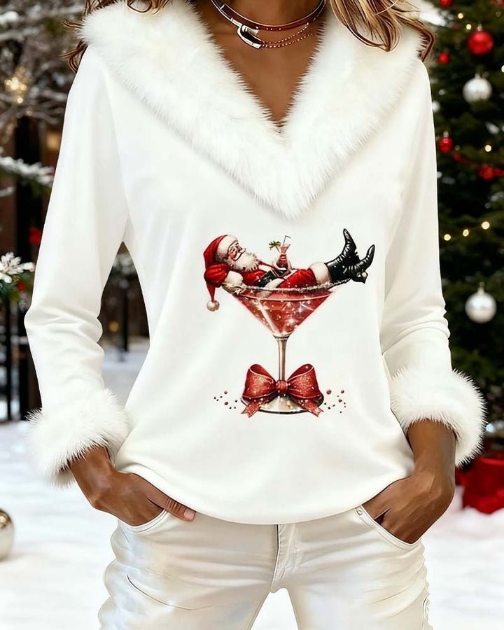 Léa | Haut de Noël Femme Col V Bordure Fausse Fourrure Manches Longues
