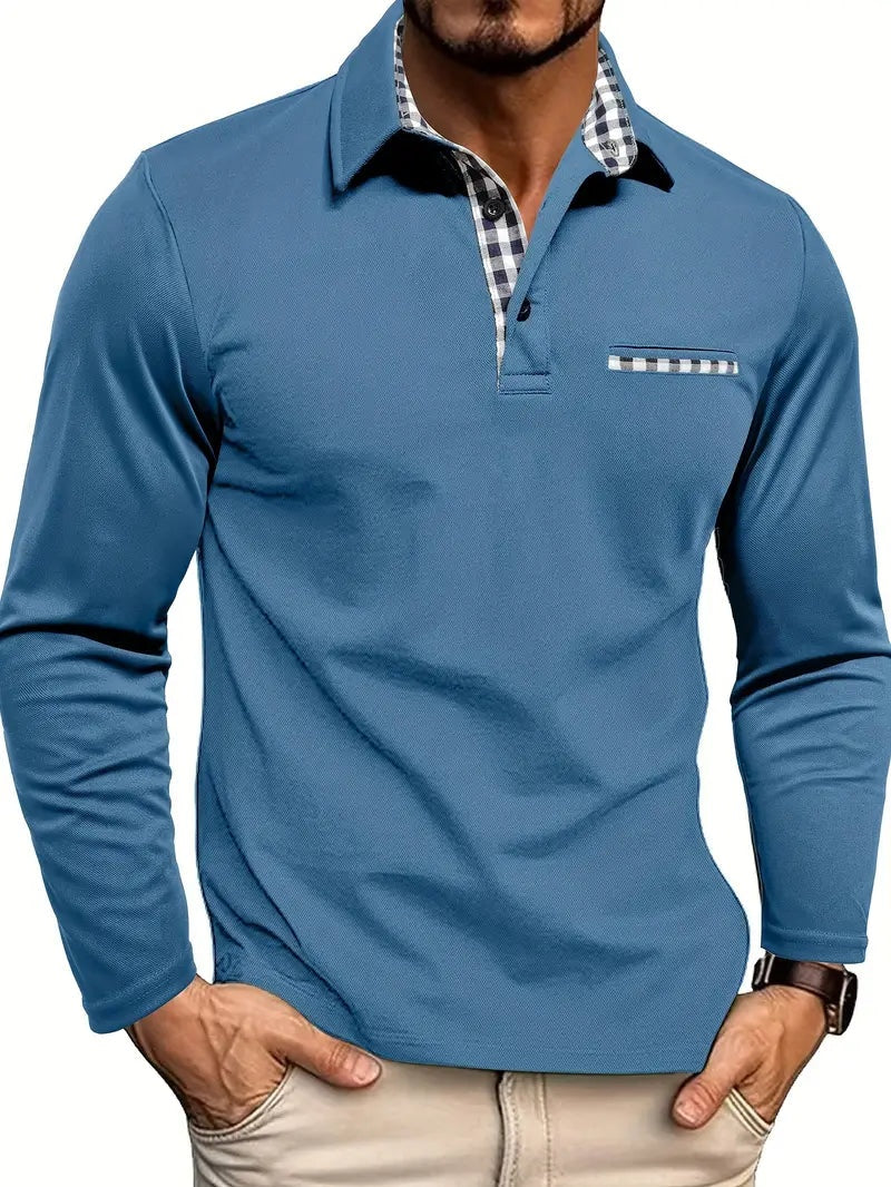 Léo | Polo Manches Longues Homme Col Carreaux Poche