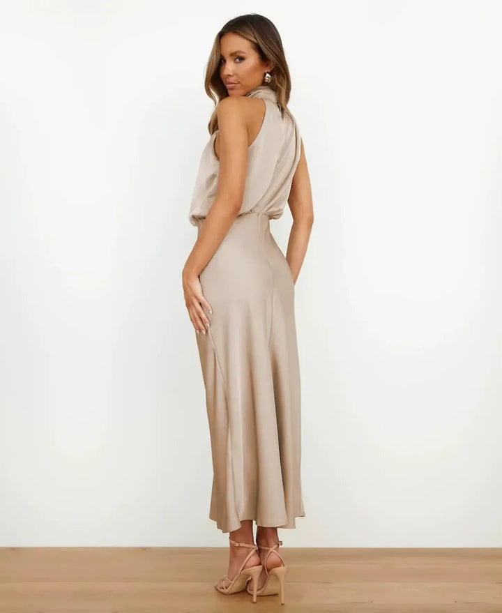 Léonie | Robe Fourreau de Soirée Mariage Femme Col Halter Satiné